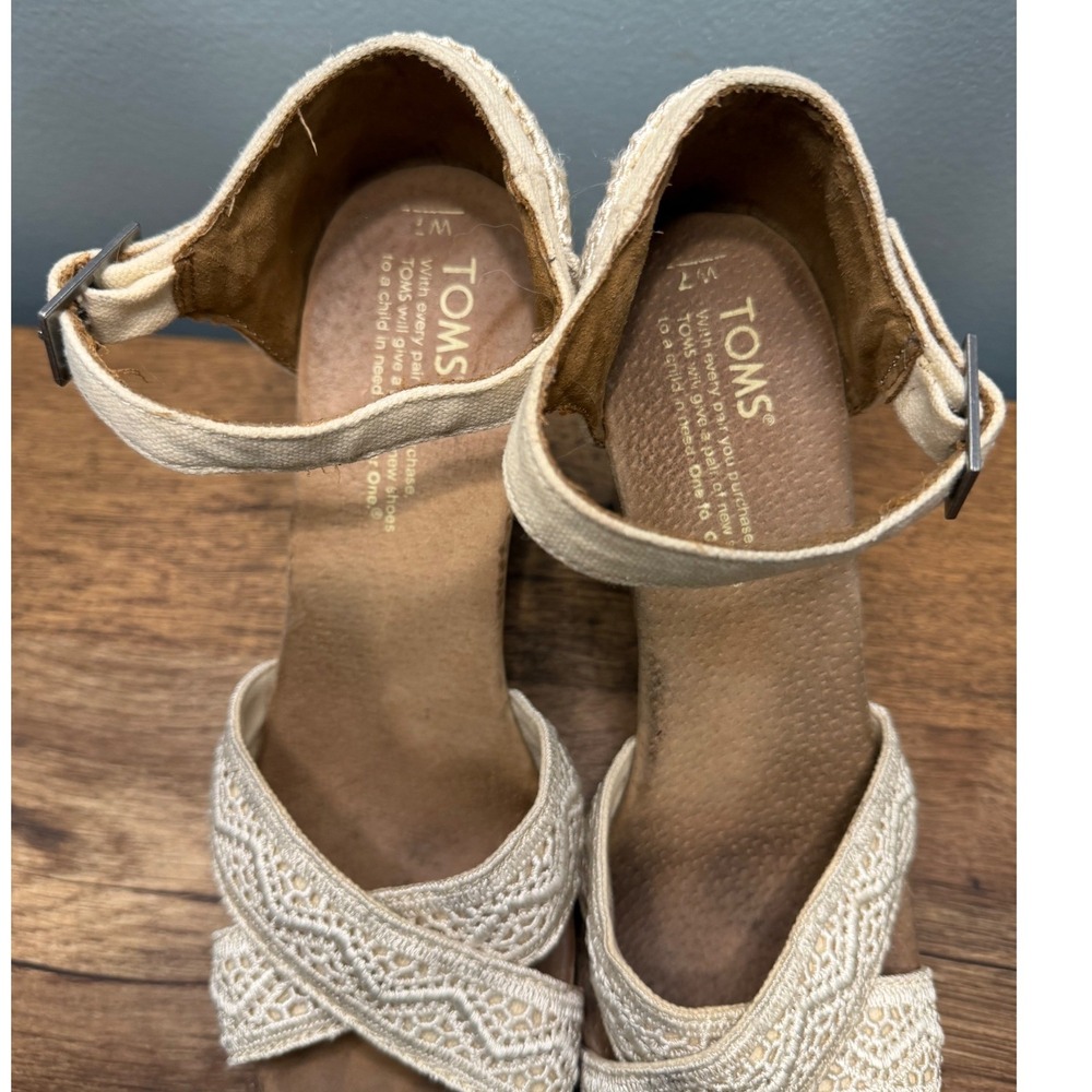 TOMS Cream Crochet Cork‎ Platform Wedge Sandals Ankle Strap Boho Festival Size 7 - Picture 6 of 7